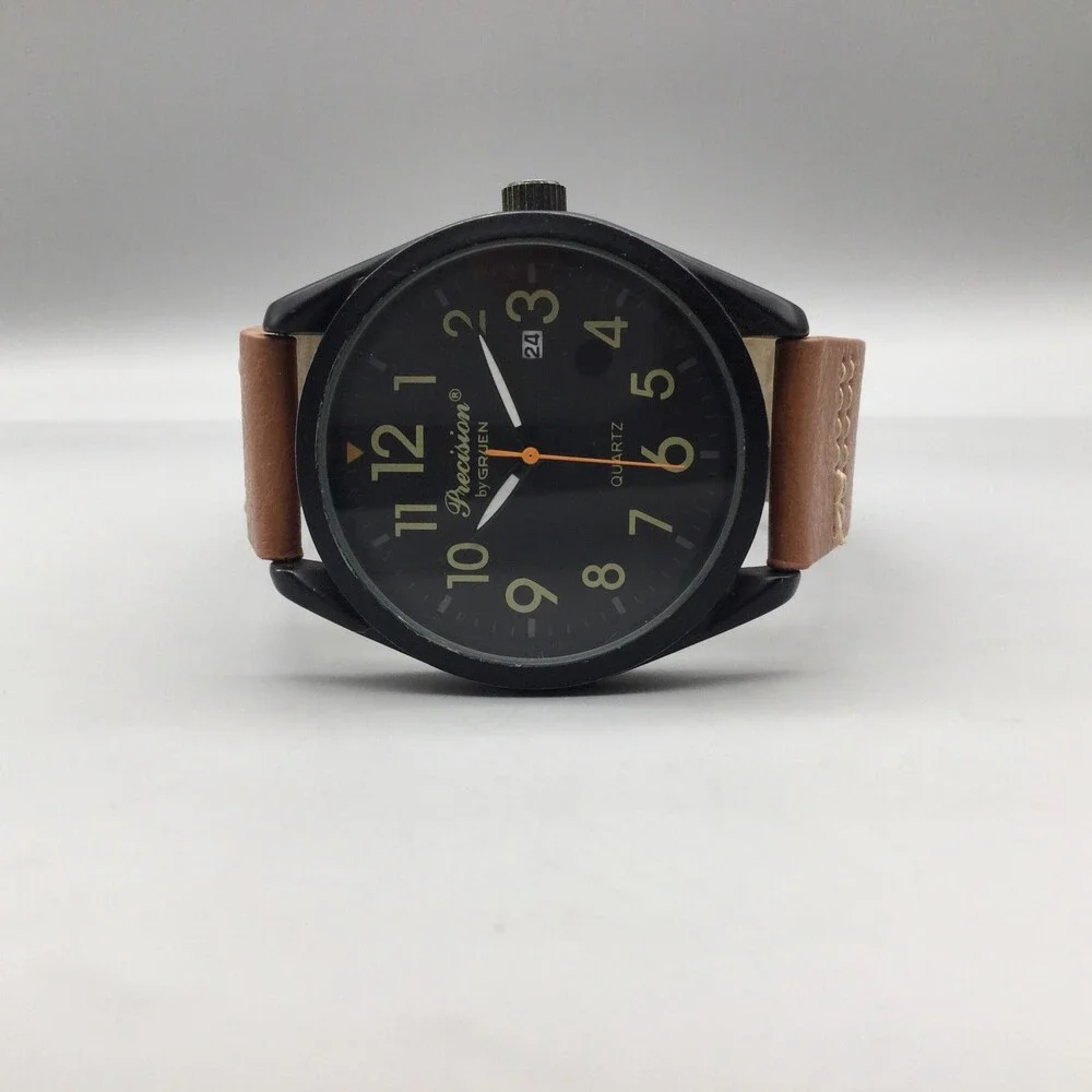Gruen Precision Mens Watch 41mm Black Dial Brown Band New Battery